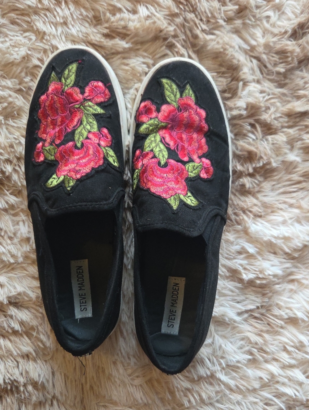 Steve Madden Black Slip-On Sneakers with Pink Floral Embroidery